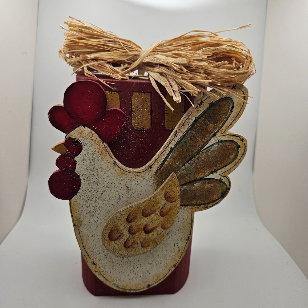 Rustic Country Chicken Wooden Figurine w/ Raffia Bow‎ Farmhouse Decor
